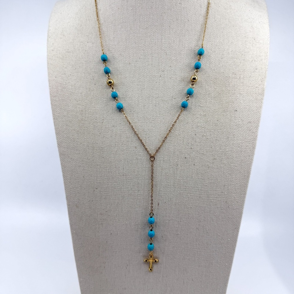 Boho Turquoise Tone Bead Cross Y-Necklace Gold Tone Layering Accessory Statement